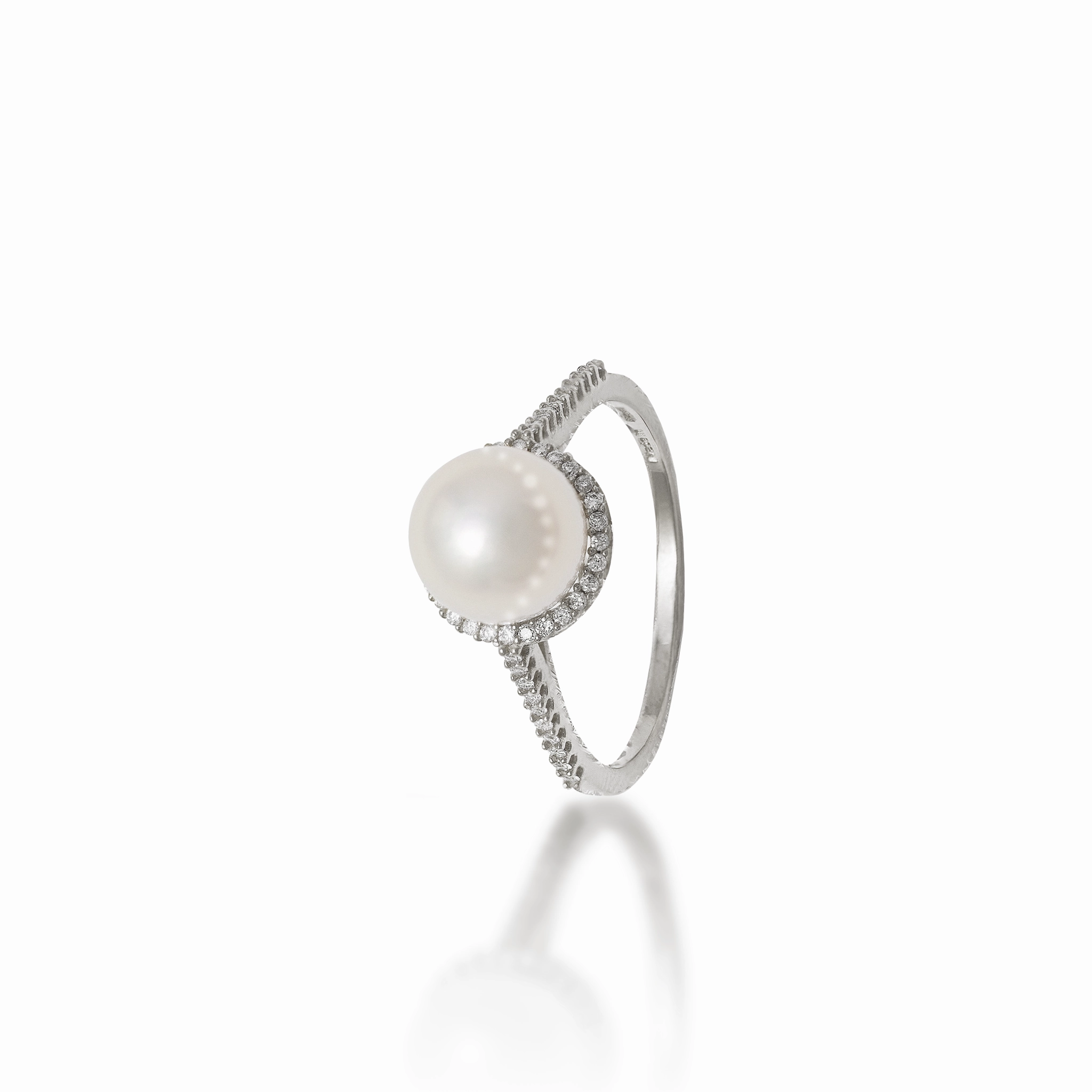 Bright Radiance Sculpted Feature Halo Akoya White Pearl Ring in White Gold with Diamonds - 8mm