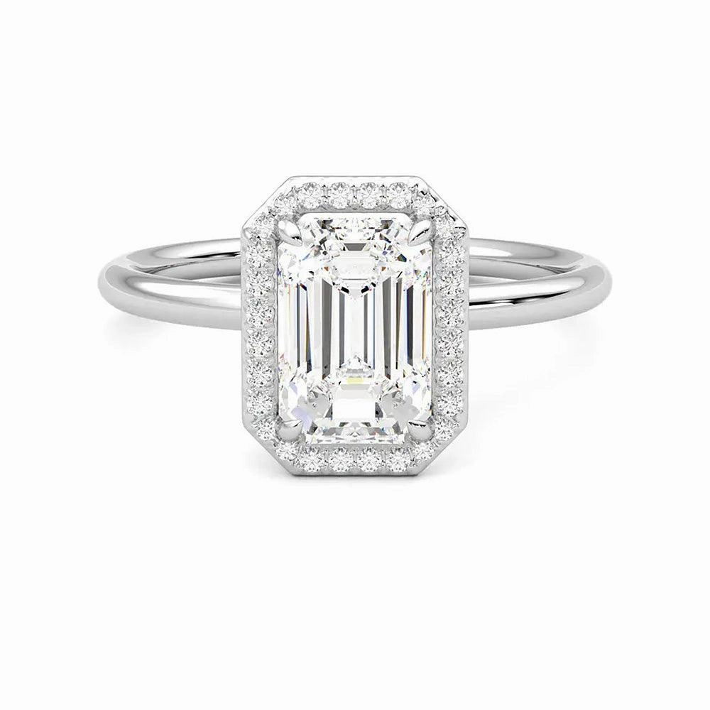 Dramatic Flare Halo Emerald Cut Moissanite Engagement Ring with Hidden Anniversary Stone Accent