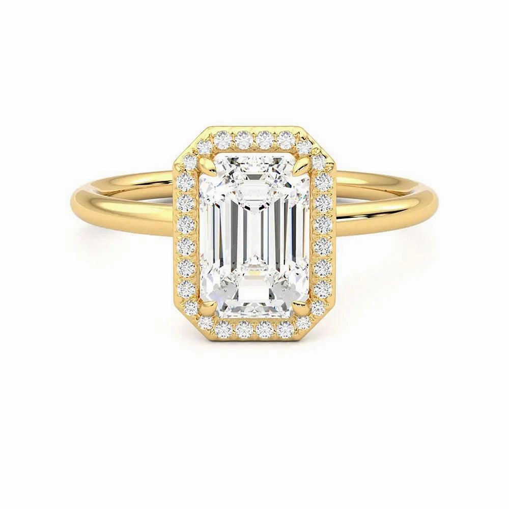 Halo Emerald Cut Moissanite Engagement Ring with Hidden Anniversary Stone Accent Delicate Accent Chic Flow