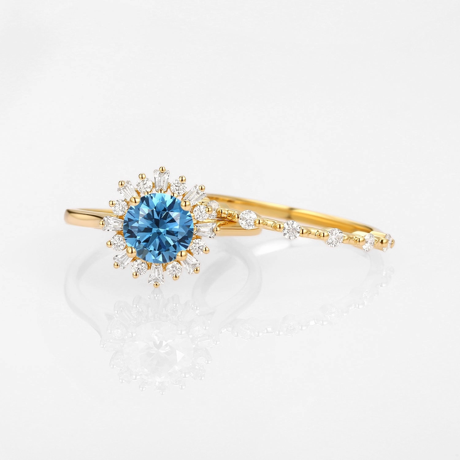 Halo Floral Round Blue Lab Grown Diamond Ring Set 2pcs - Sol Premium Look