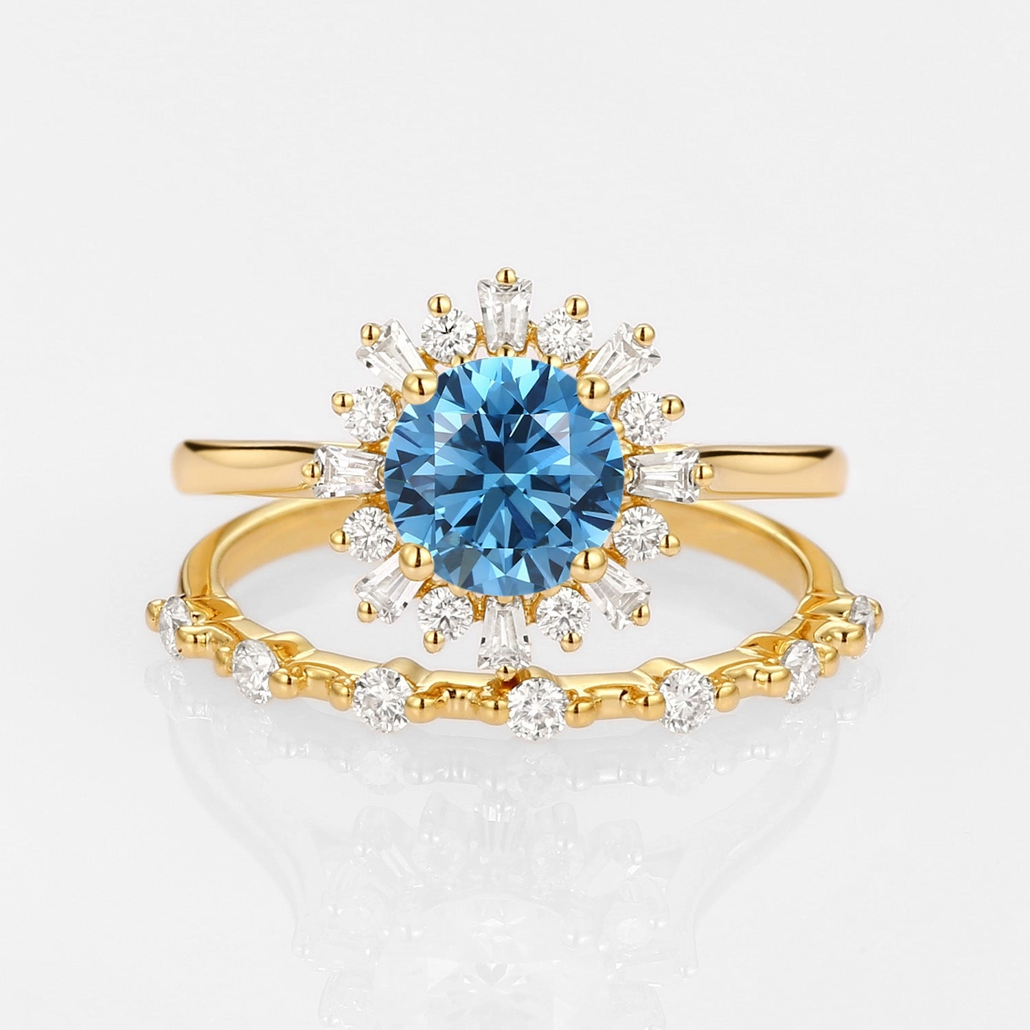 Classic Craft Chic Ensemble Halo Floral Round Blue Lab Grown Diamond Ring Set 2pcs - Sol