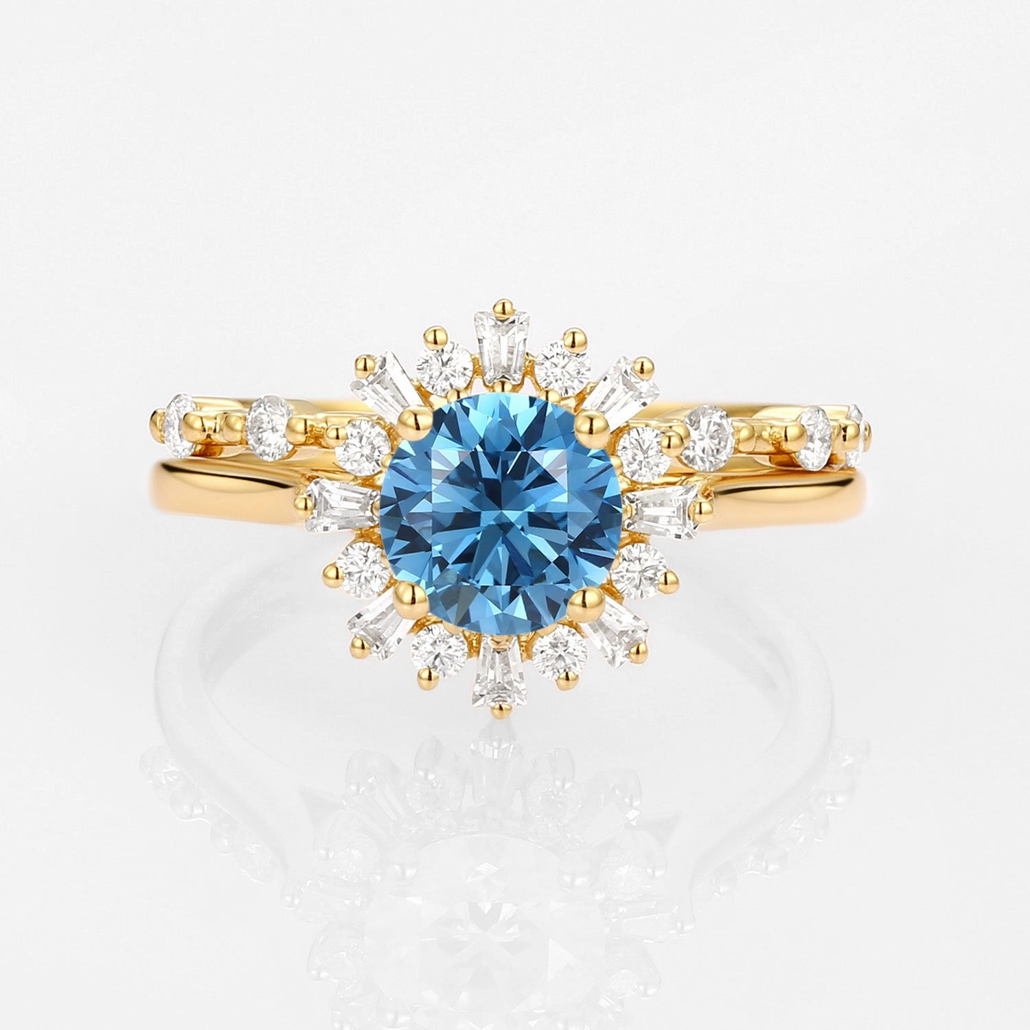 Classic Shine Modern feature Halo Floral Round Blue Lab Grown Diamond Ring Set 2pcs - Sol