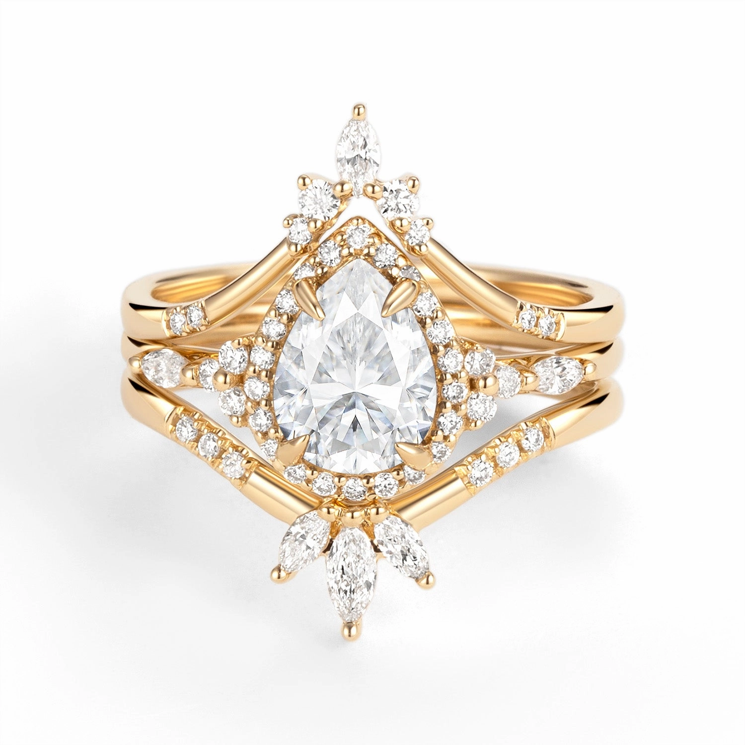 Artisan Finish Balanced Design Halo Pear Moissanite Engagement Ring Sets 3pcs