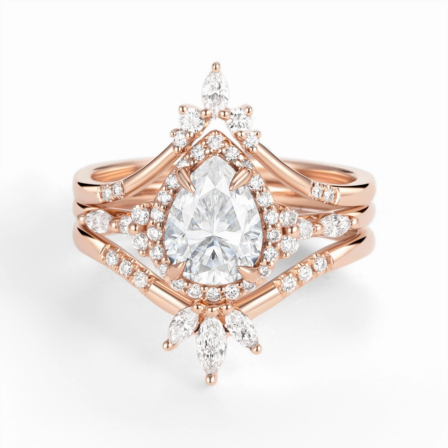 Distinctive Detailing Halo Pear Moissanite Engagement Ring Sets 3pcs