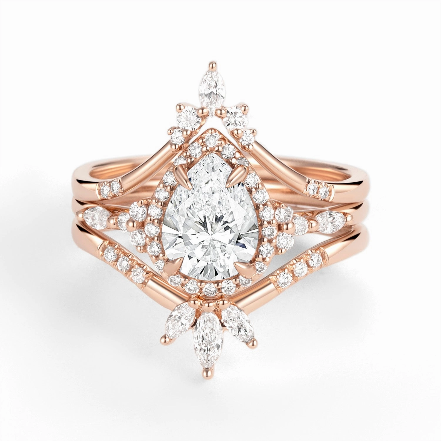 Elegant Edge Celebration Ready Halo Pear Moissanite Engagement Ring Sets 3pcs