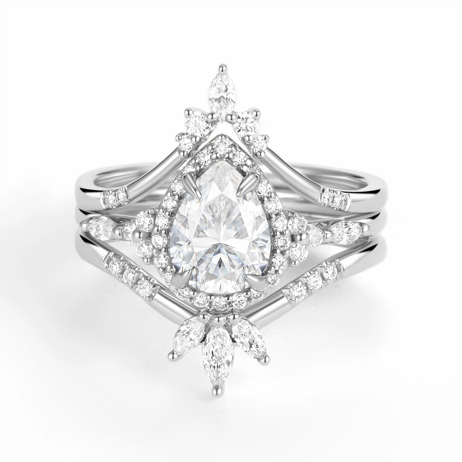 Halo Pear Moissanite Engagement Ring Sets 3pcs Gleaming Glow