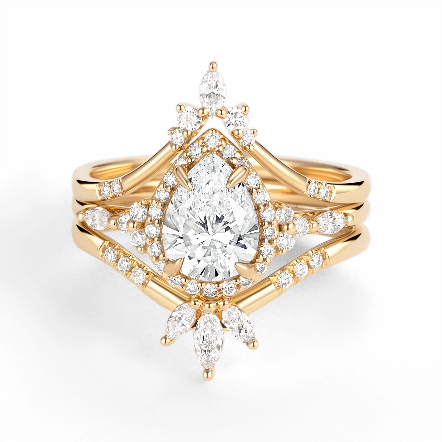 Weekend Glam Halo Pear Moissanite Engagement Ring Sets 3pcs