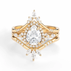 Artisan Finish Balanced Design Halo Pear Moissanite Engagement Ring Sets 3pcs