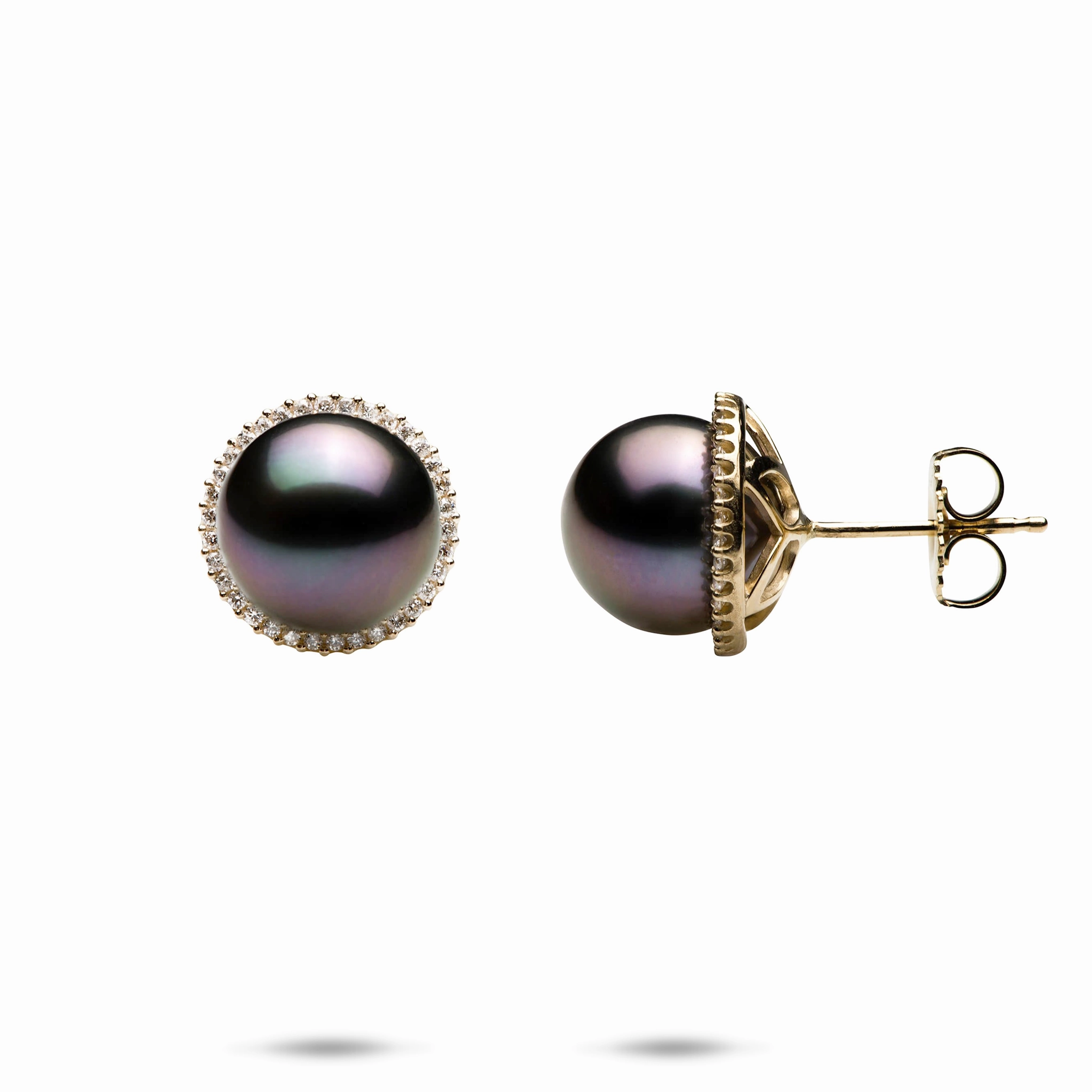 Halo Tahitian Black Pearl Earrings in Gold with Diamonds - 10-11mm Wedding accessory