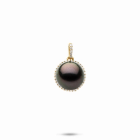 Fashionable Piece Fashion Accessories Halo Tahitian Black Pearl Pendant in Gold with Diamond - 10-11mm