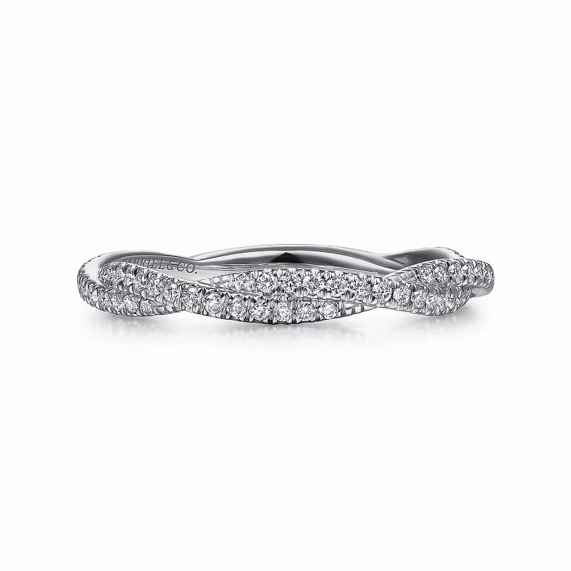 14K White Gold Diamond Pave Twisted Stackable Band Contemporary Touch Graceful Highlight