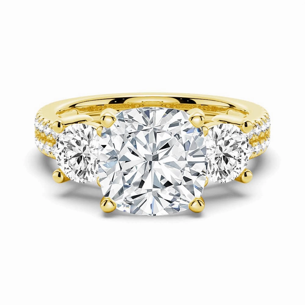 Unique Style Creative Design Double Row Pave Three Stone Cushion Cut Moissanite Engagement Ring