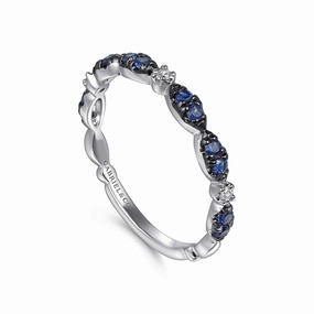14K White Gold Black Rhodium Diamond & Blue Sapphire Stackable Ladies Ring Mechanical Movement Dynamic Accent