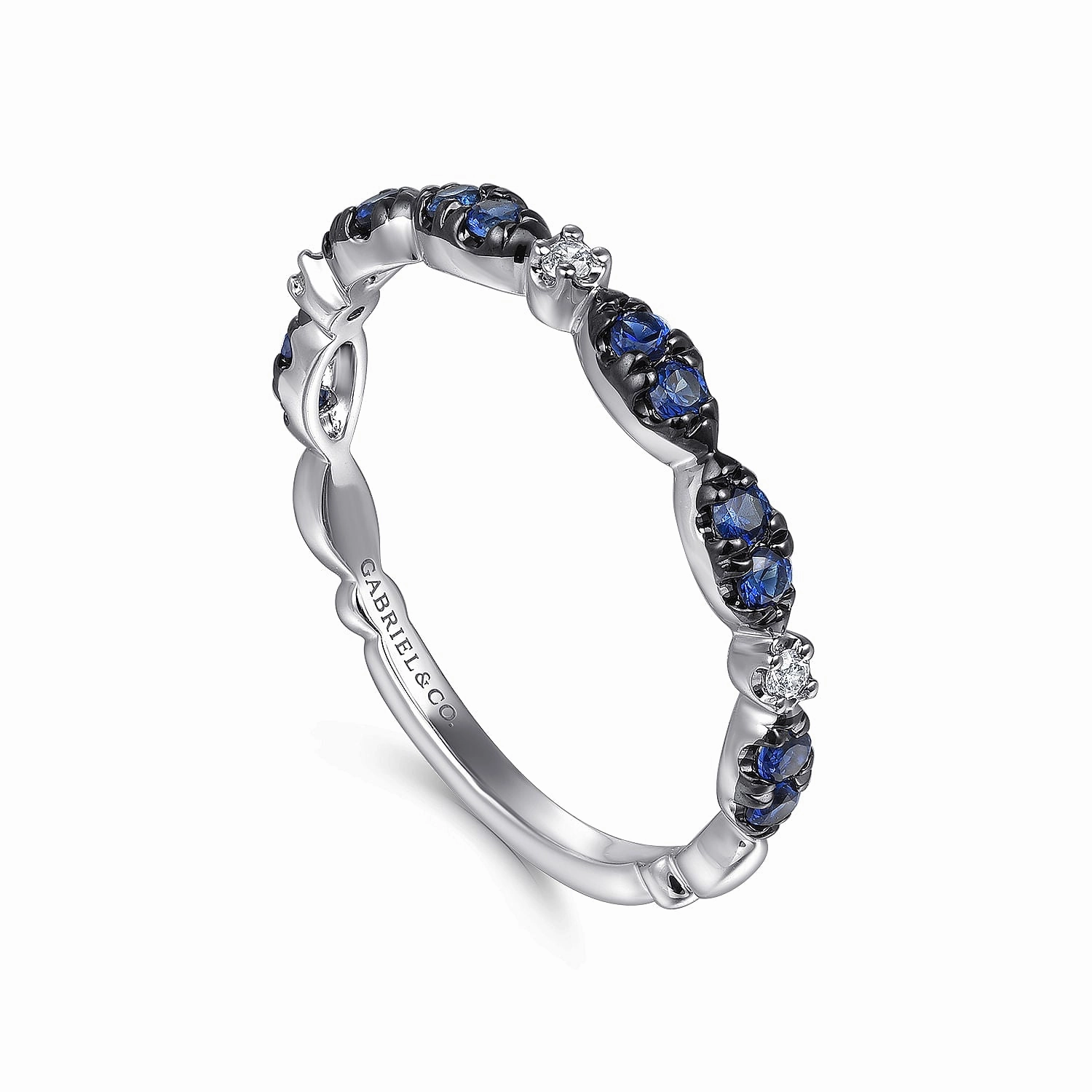 14K White Gold Black Rhodium Diamond & Blue Sapphire Stackable Ladies Ring Mechanical Movement Dynamic Accent