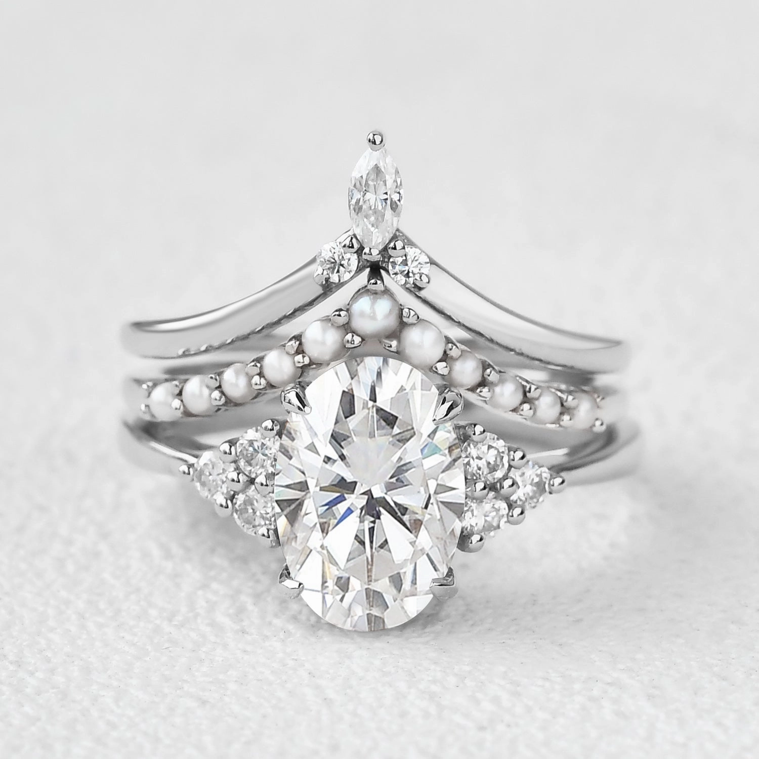 Oval Moissanite Pearl-fect Vintage Gold Ring Set 3pcs Evening Glamour