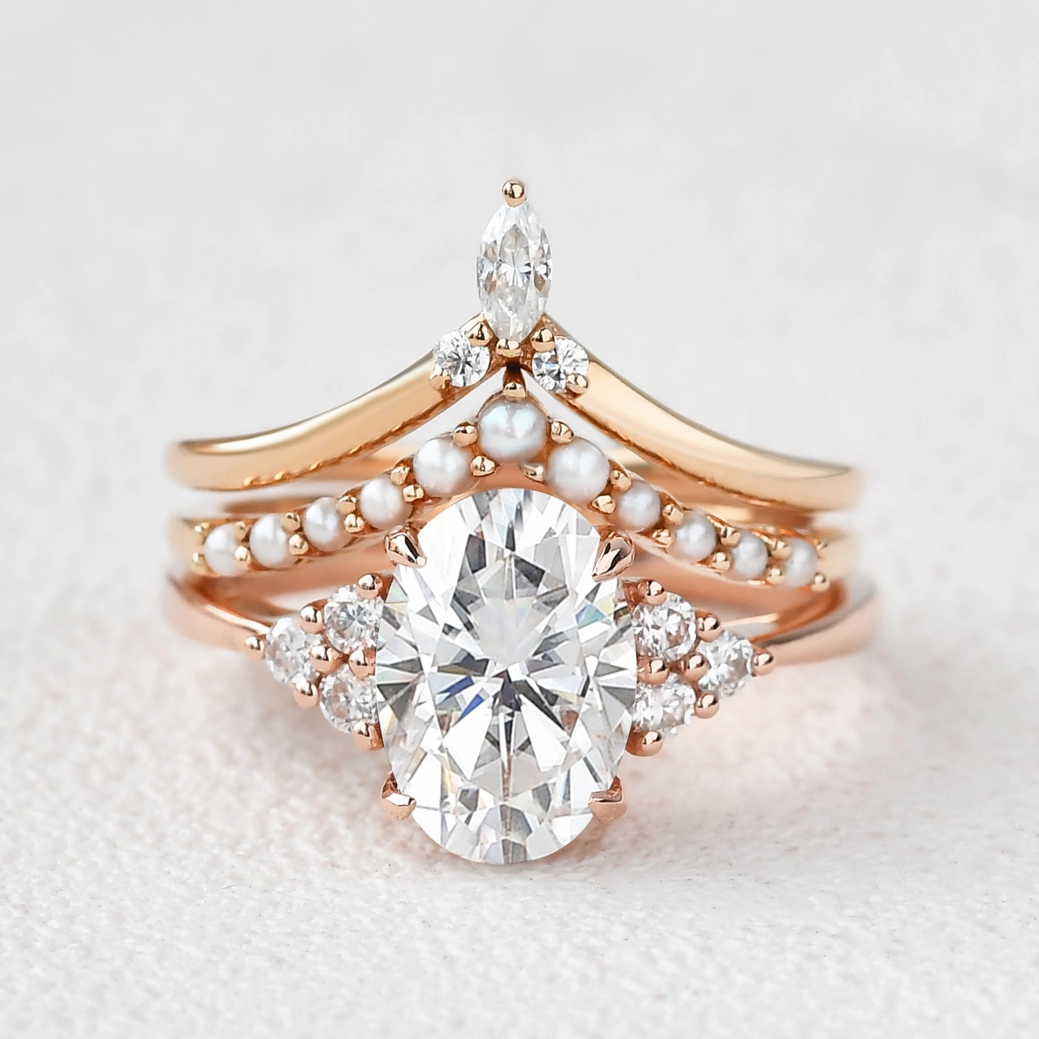 Premium Highlight Oval Moissanite Pearl-fect Vintage Gold Ring Set 3pcs