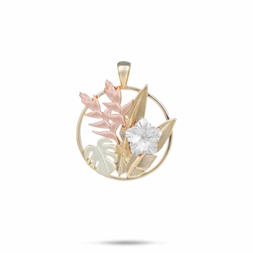 Hawaiian Gardens Hibiscus Pendant in Four Tone Gold with Diamonds - 20mm Artistic Mood Playful Spark