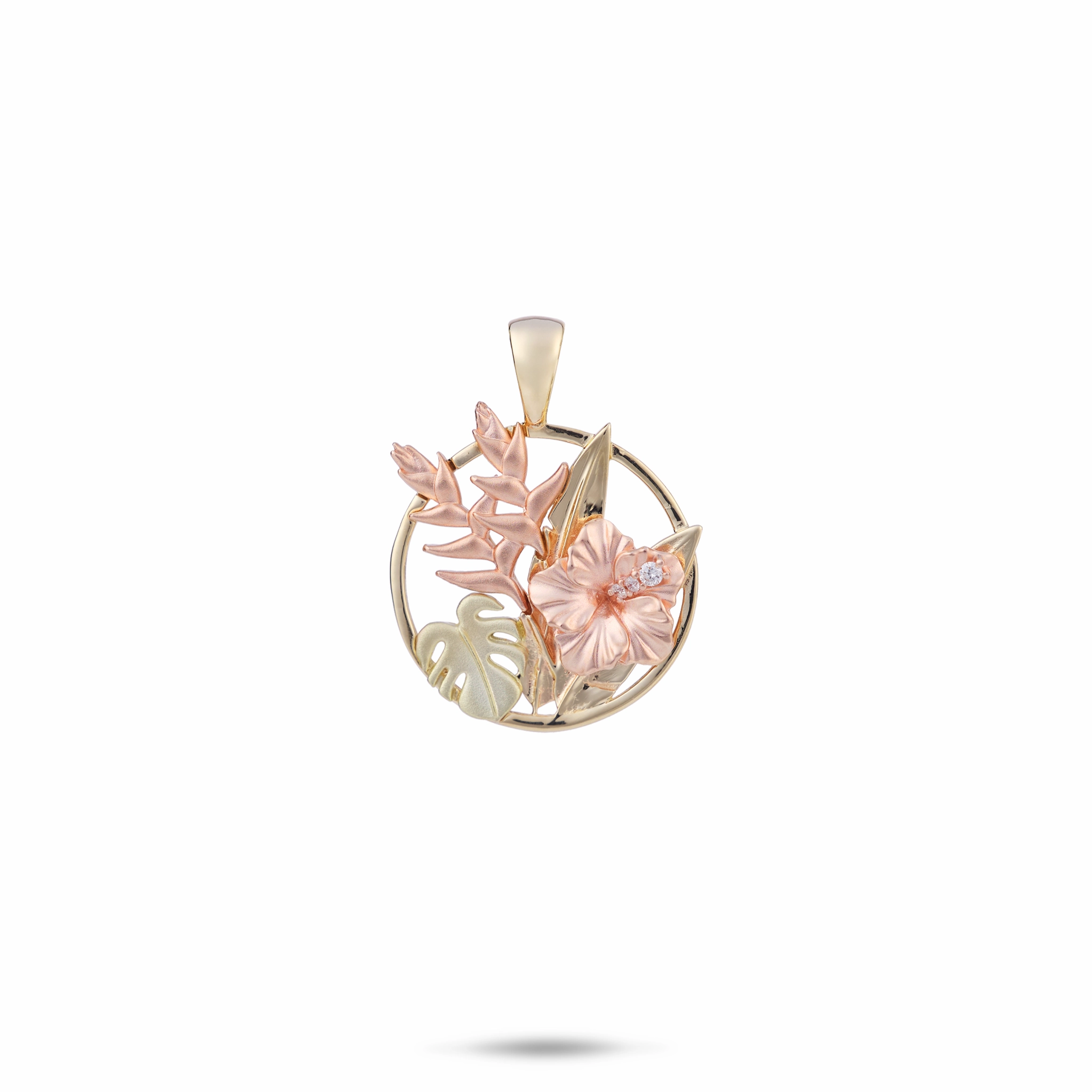 Edgy Detail Hawaiian Gardens Hibiscus Pendant in Tri Color Gold with Diamonds - 15mm