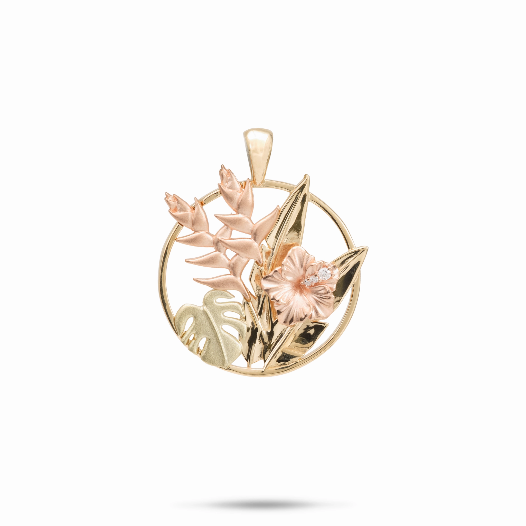 Natural Finish Hawaiian Gardens Hibiscus Pendant in Tri Color Gold with Diamonds - 20mm