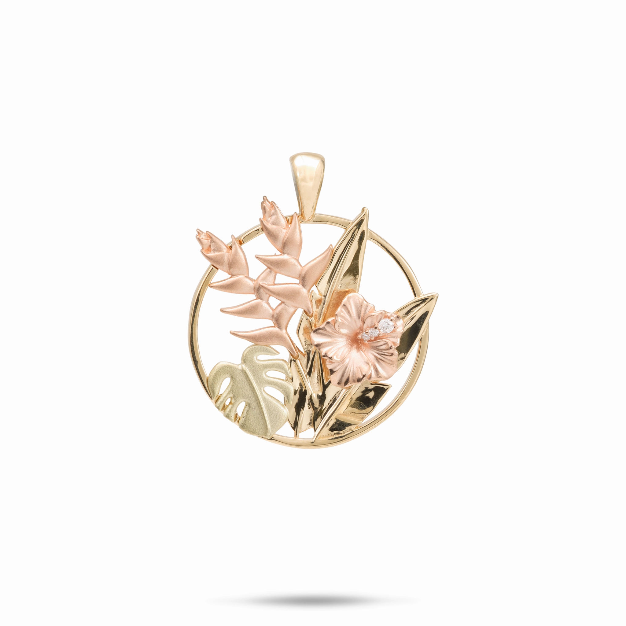 Hawaiian Gardens Hibiscus Pendant in Tri Color Gold with Diamonds - 20mm Glitter Finish