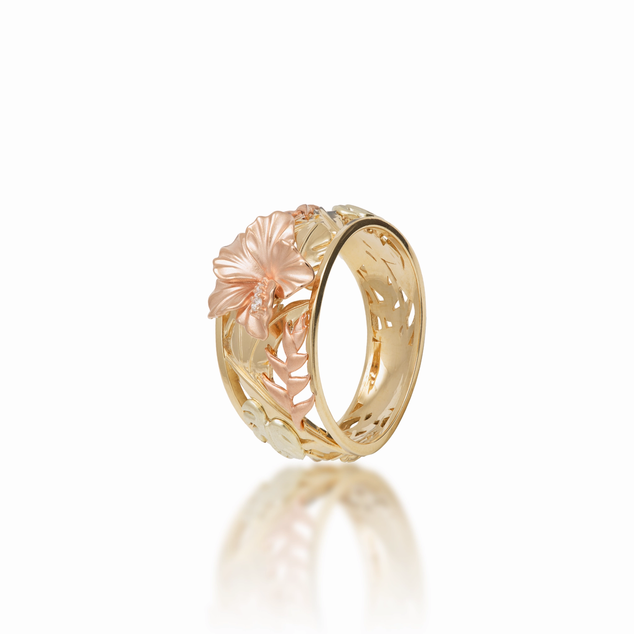 Hawaiian Gardens Hibiscus Ring in Tri Color Gold with Diamonds - 12mm Polished Element bright light