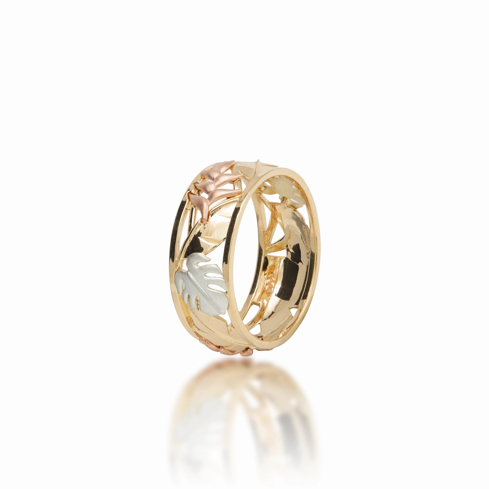 Hawaiian Gardens Monstera & Heliconia Ring in Tri Color Gold - 8mm Fashionable Design elegant curve