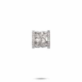 Hawaiian Heirloom Plumeria Barrel Pendant in White Gold with Diamonds - 12mm High Class