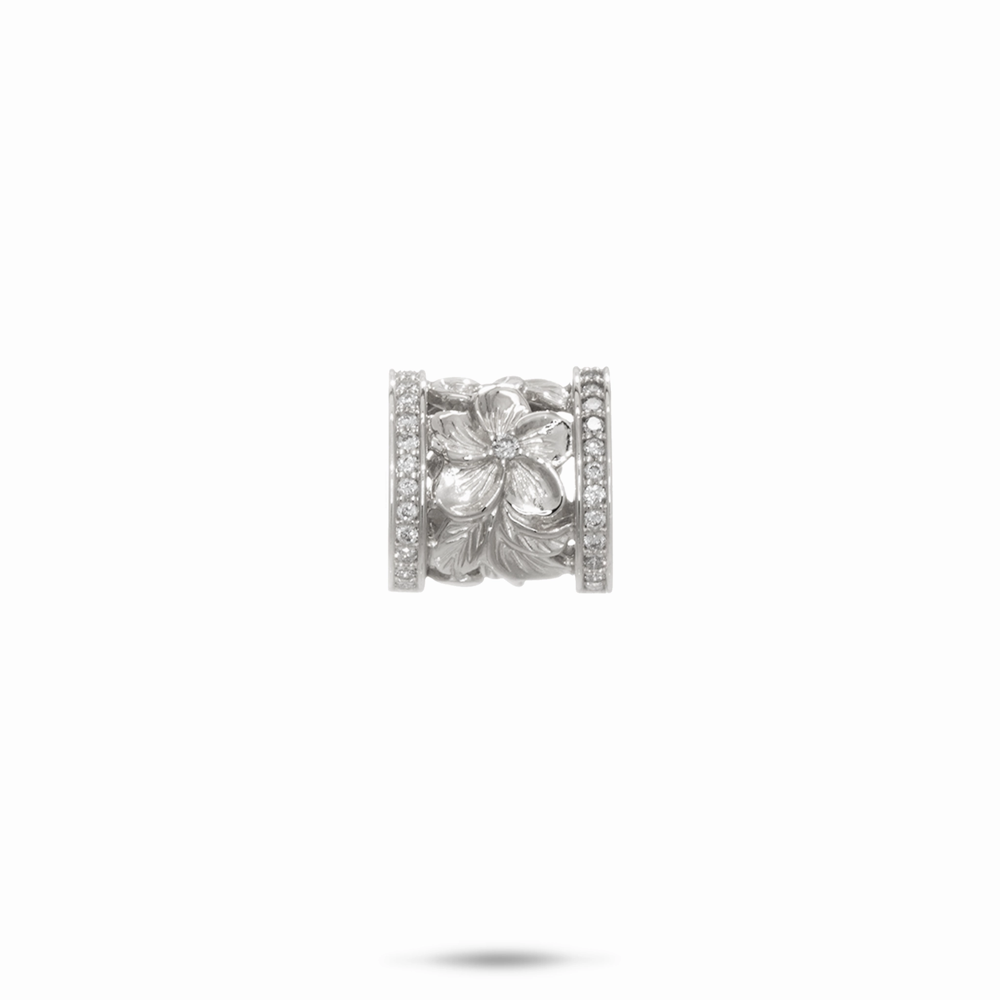 Hawaiian Heirloom Plumeria Barrel Pendant in White Gold with Diamonds - 12mm High Class