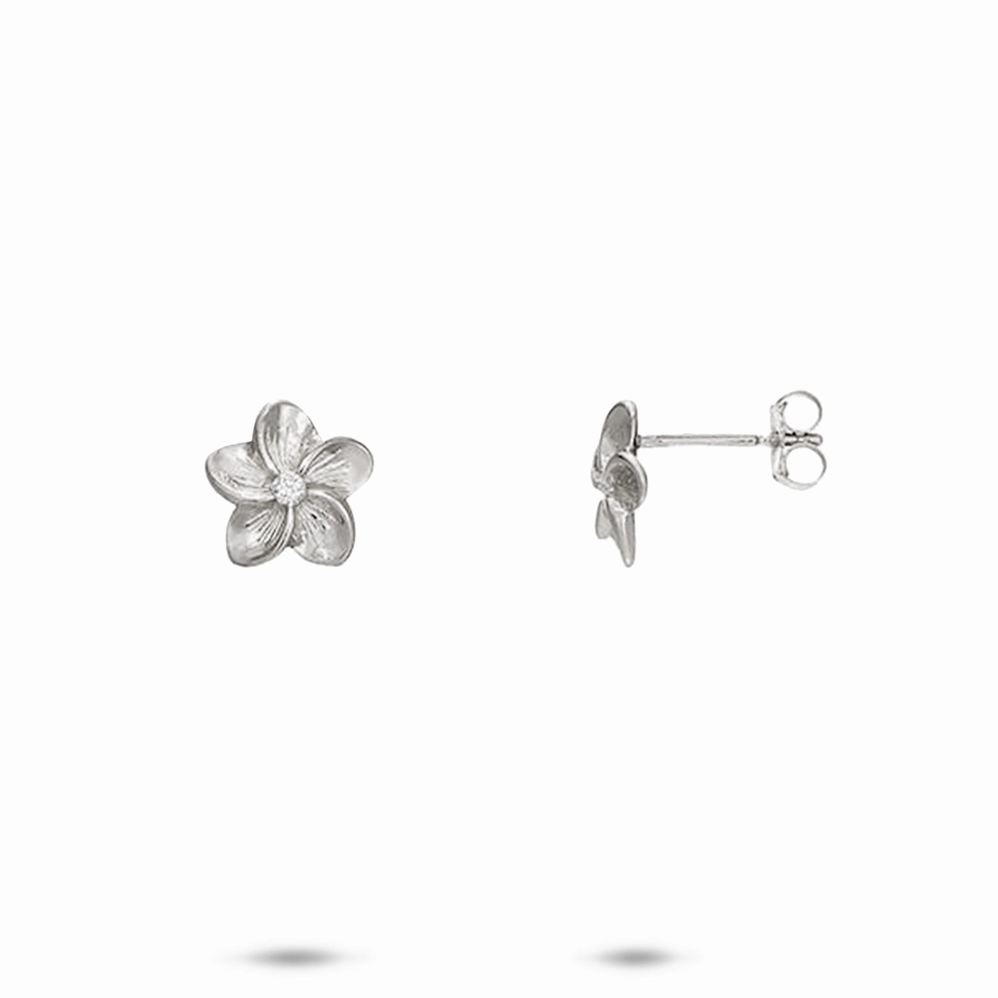 Hawaiian Heirloom Plumeria Earrings in White Gold with Diamonds - 9mm Unique Ornament Crisp Lines