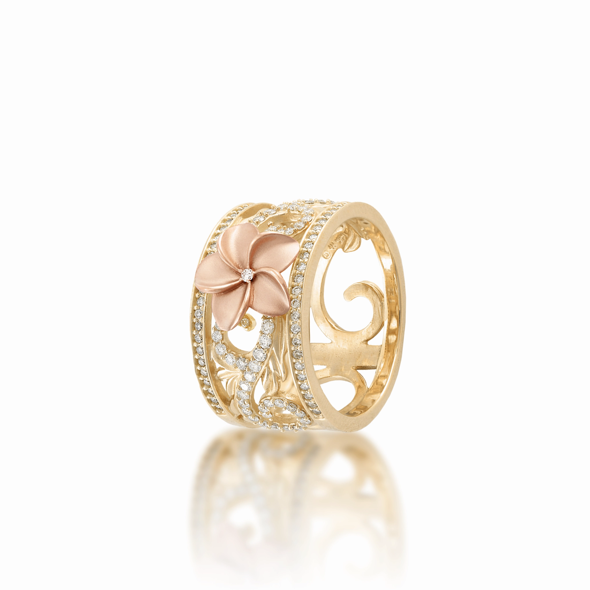 Hawaiian Heirloom Plumeria Engagement Ring in Two Tone Gold with Diamonds - 12mm Sophisticated Style Timeless Craft