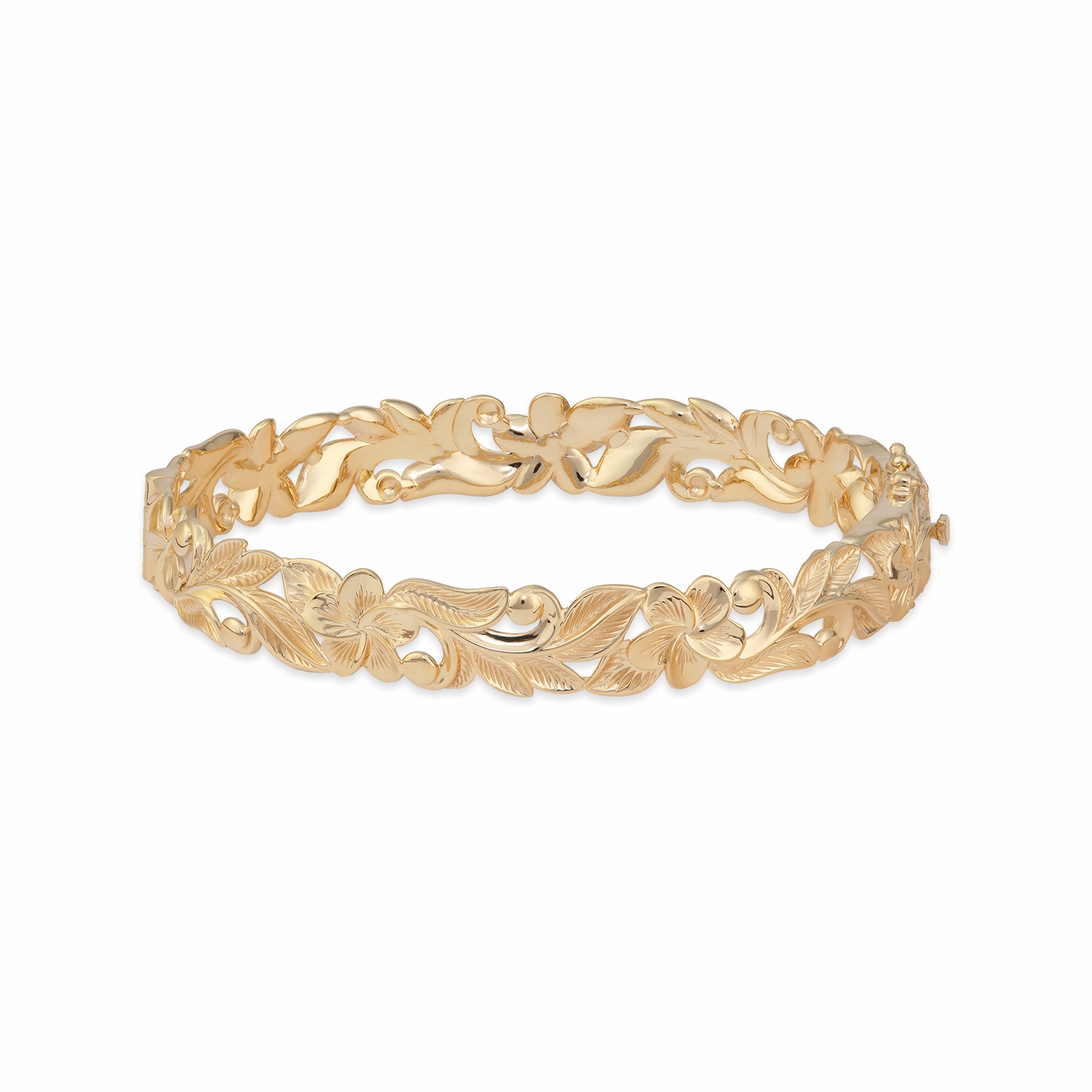 Hawaiian Heirloom Plumeria Hinge Bracelet in Gold - 10mm Expressive Accent