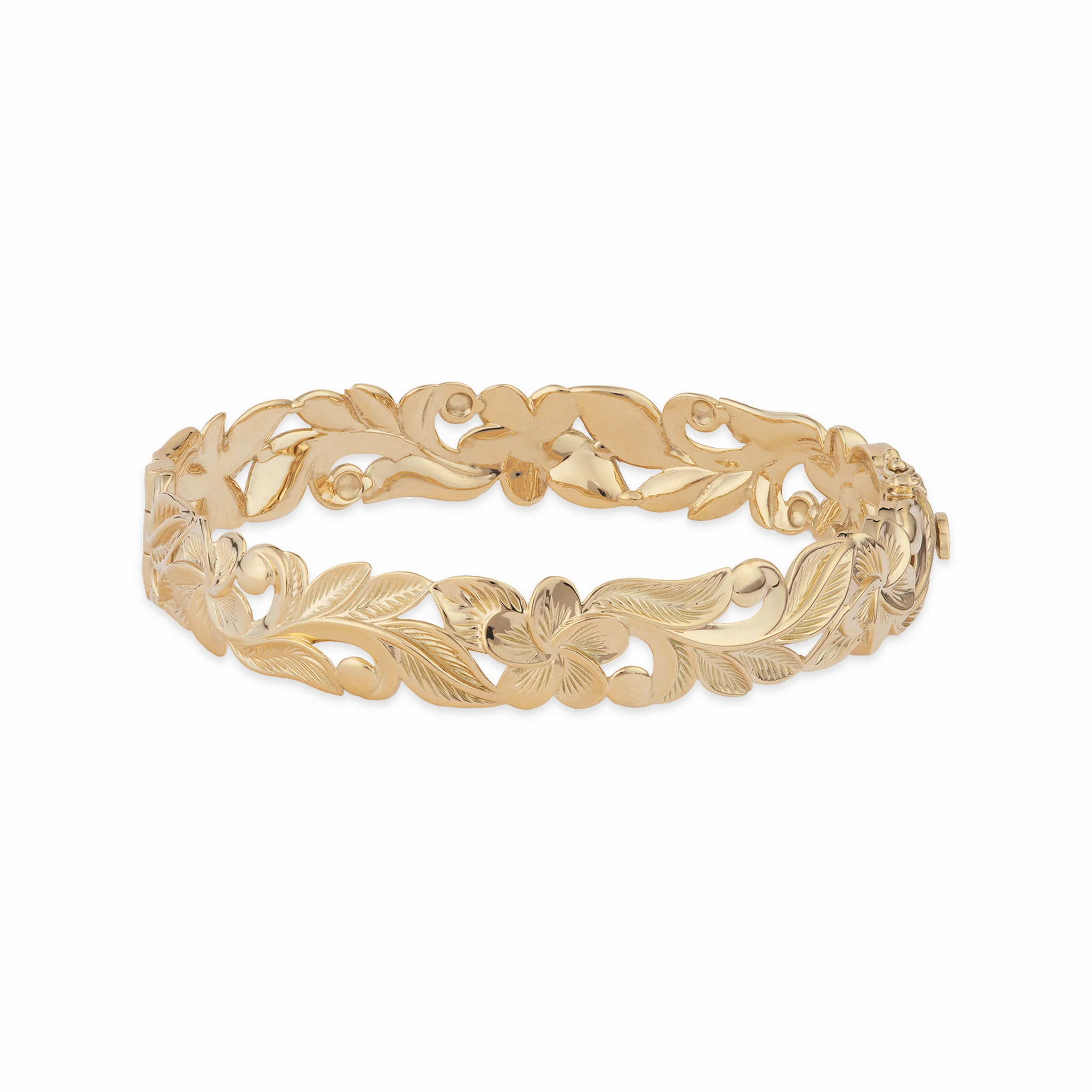 Hawaiian Heirloom Plumeria Hinge Bracelet in Gold - 12mm Dynamic Form Holiday look