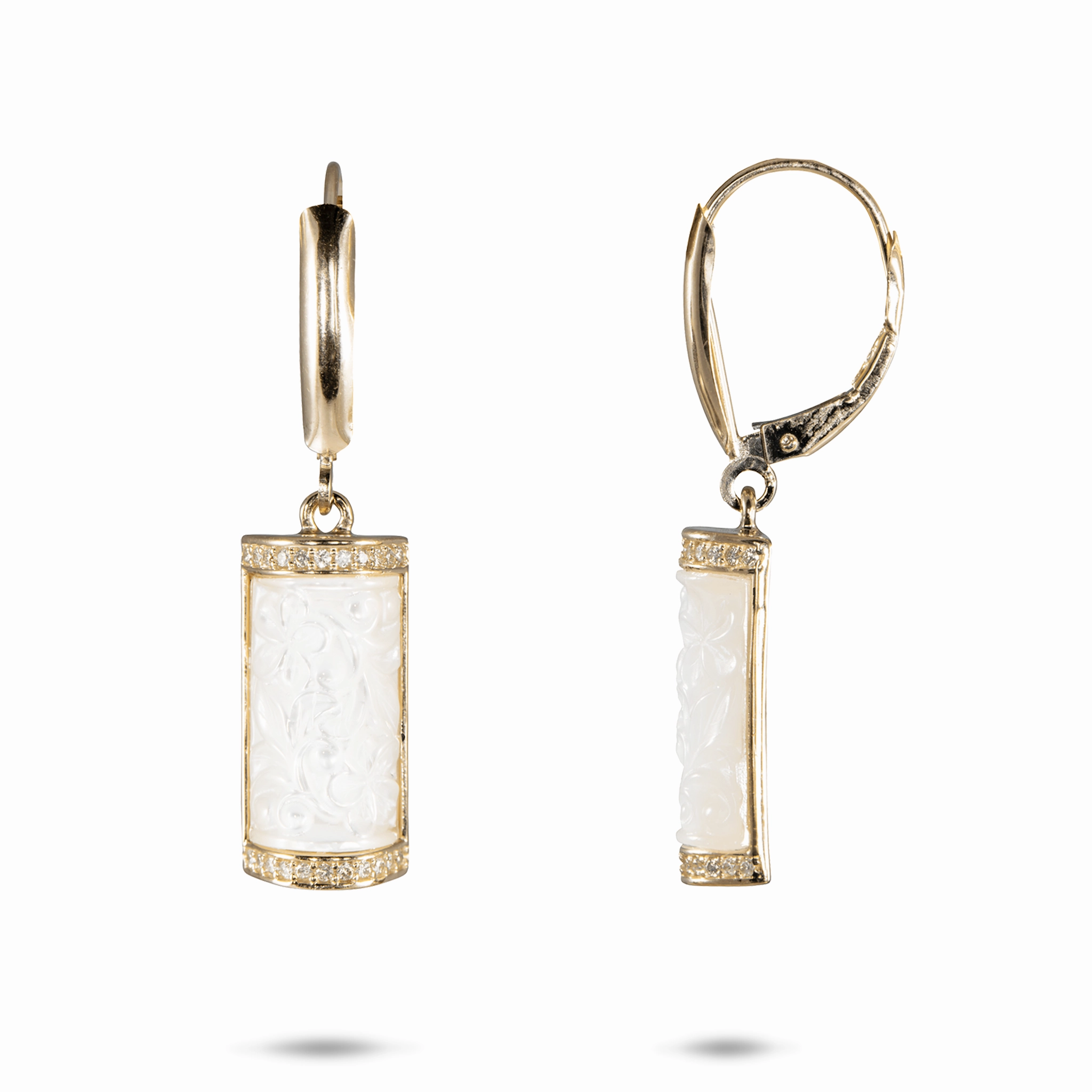 Hawaiian Heirloom Plumeria Mother of Pearl Earrings in Gold with Diamonds - 17mm Refined Edge