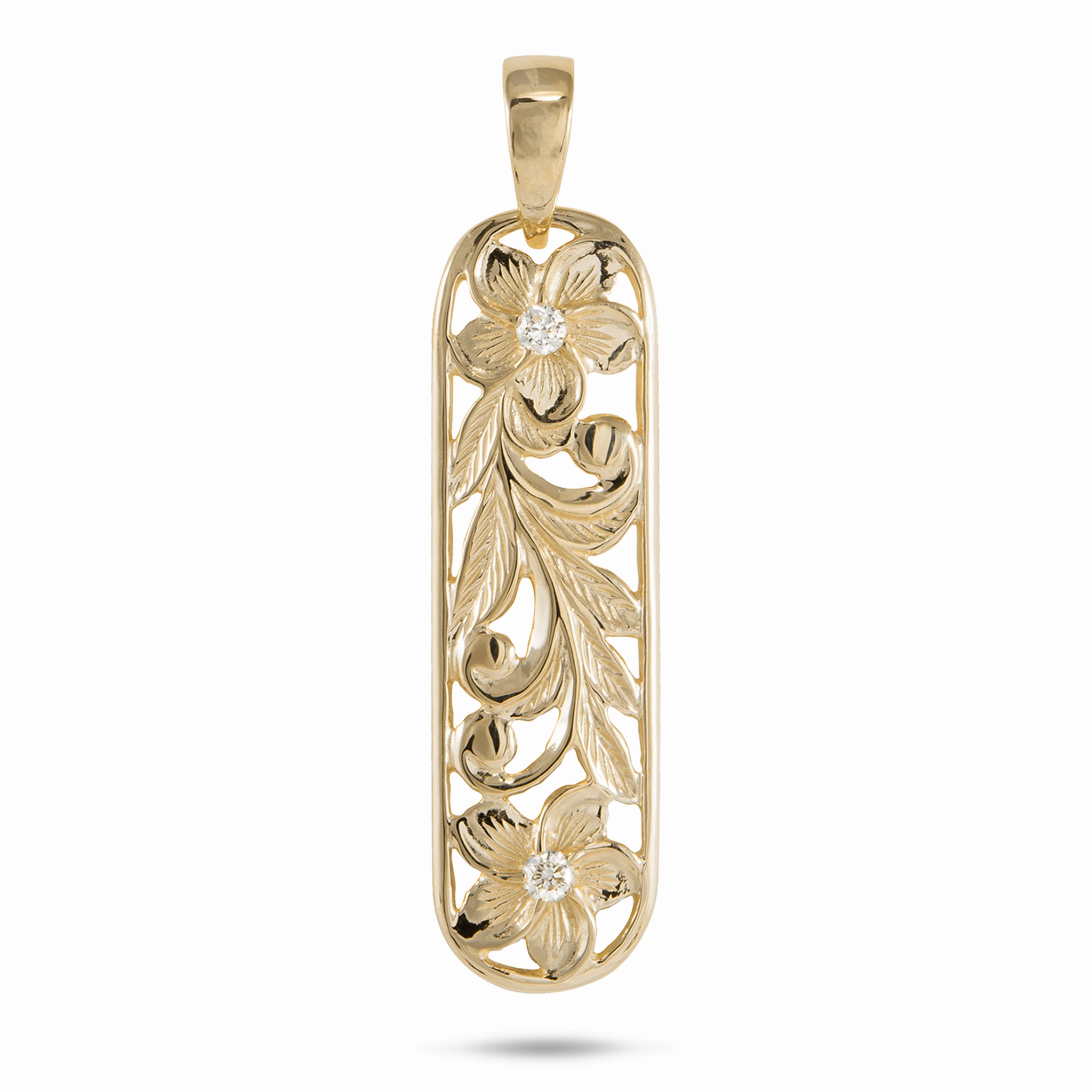 Sleek Highlight Modern Elegance Hawaiian Heirloom Plumeria Pendant in Gold with Diamonds - 38mm