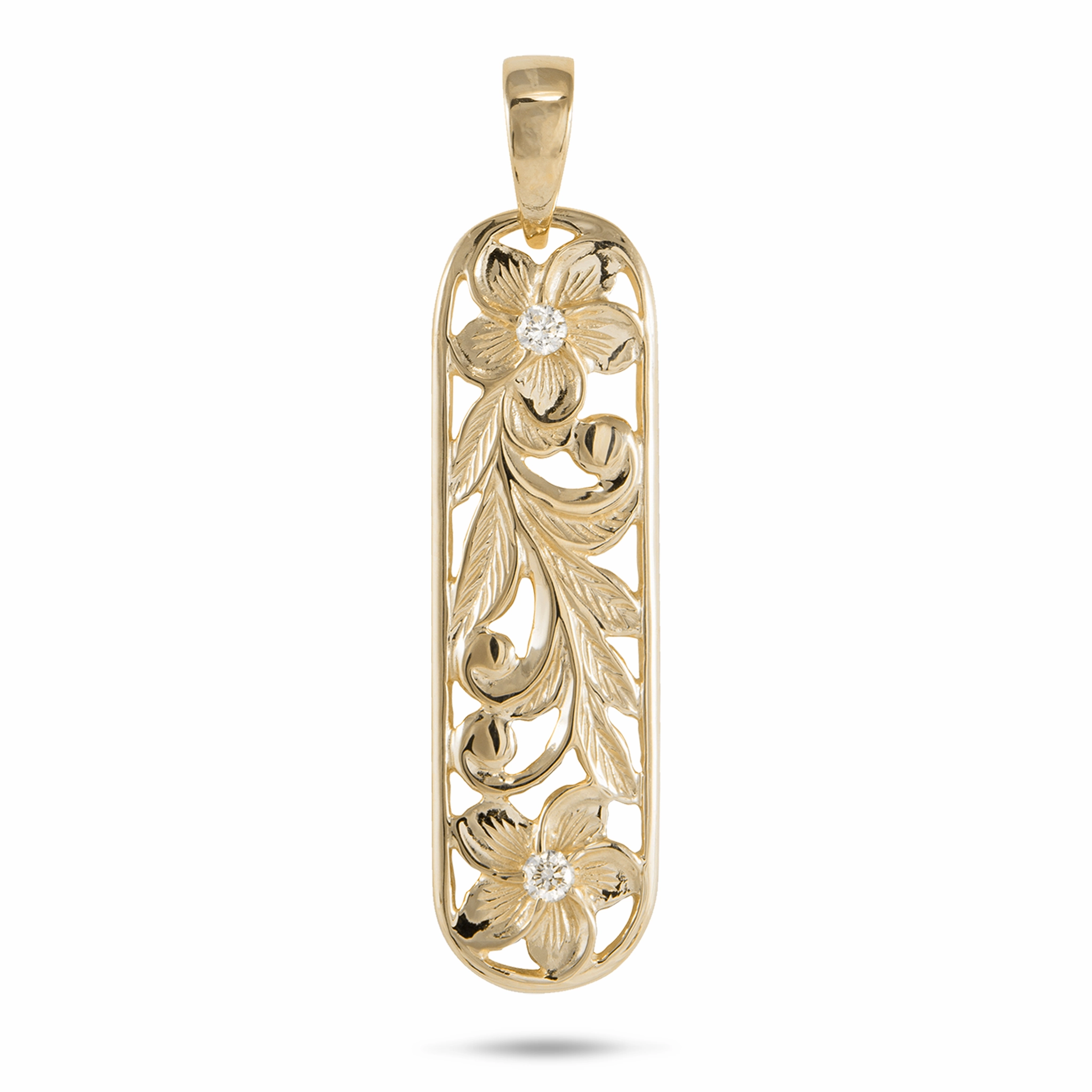 Hawaiian Heirloom Plumeria Pendant in Gold with Diamonds - 38mm Subtle Finish Bright Mood
