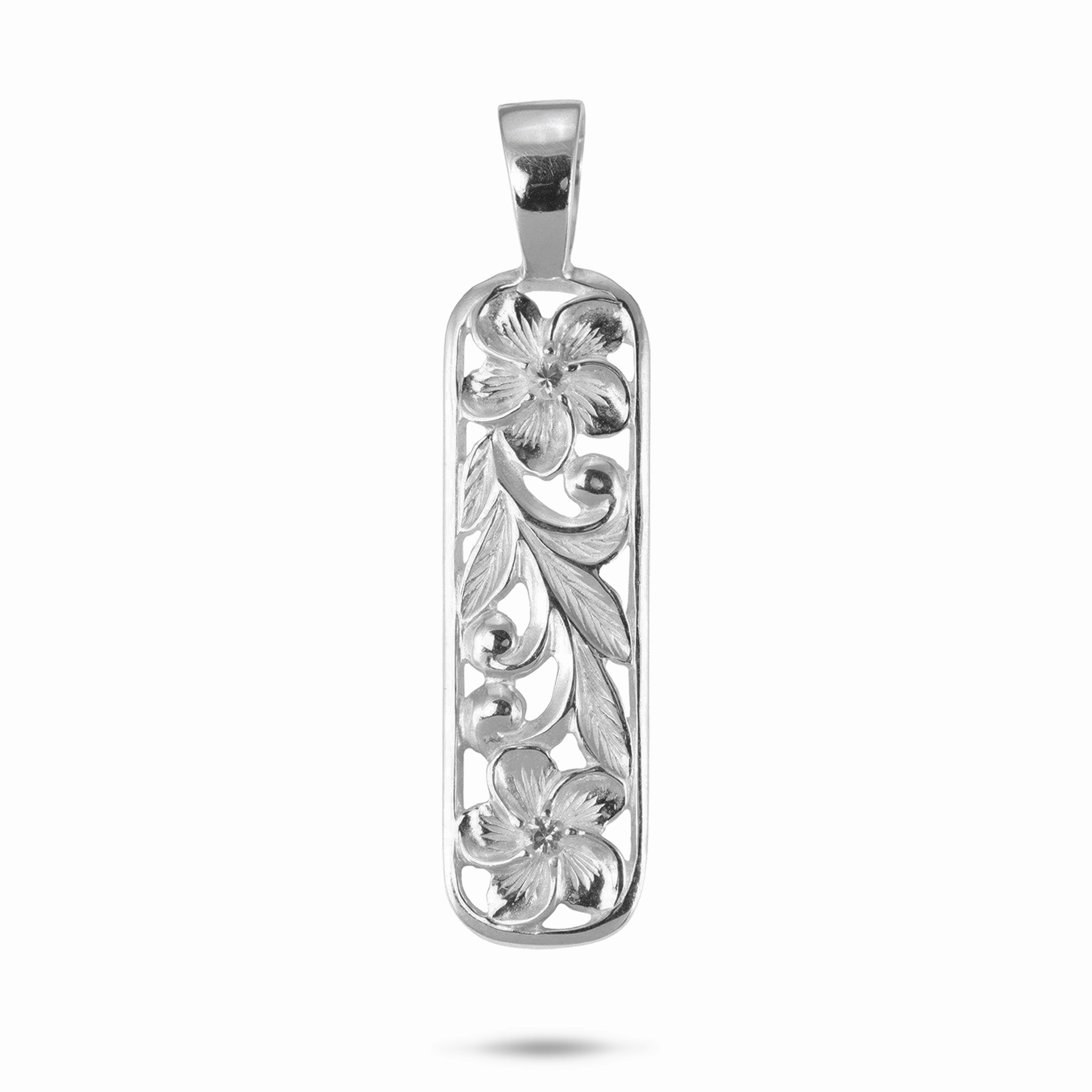 High gloss Hawaiian Heirloom Plumeria Pendant in Sterling Silver with White Sapphire - 41mm