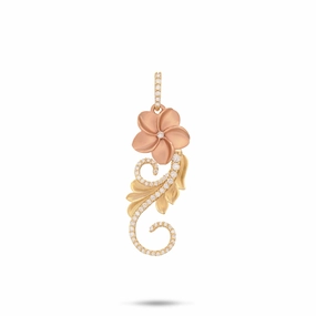 Hawaiian Heirloom Plumeria Pendant in Two Tone Gold with Diamonds - 30mm Glistening Look Glossy Detail