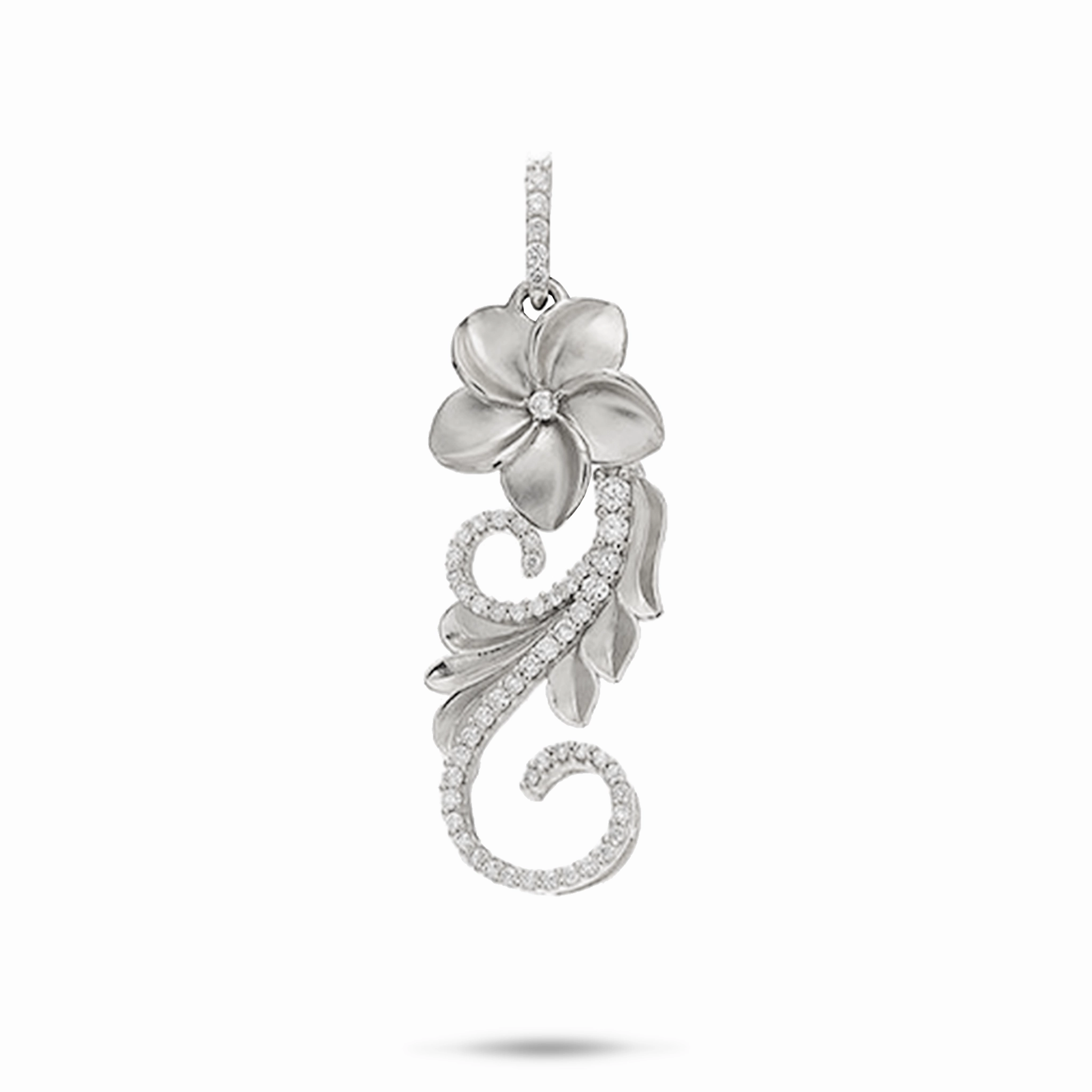 Delicate Detail Hawaiian Heirloom Plumeria Pendant in White Gold with Diamonds - 30mm