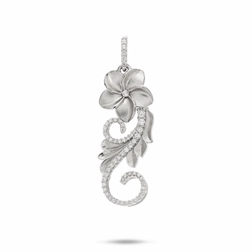 Delicate Detail Hawaiian Heirloom Plumeria Pendant in White Gold with Diamonds - 30mm