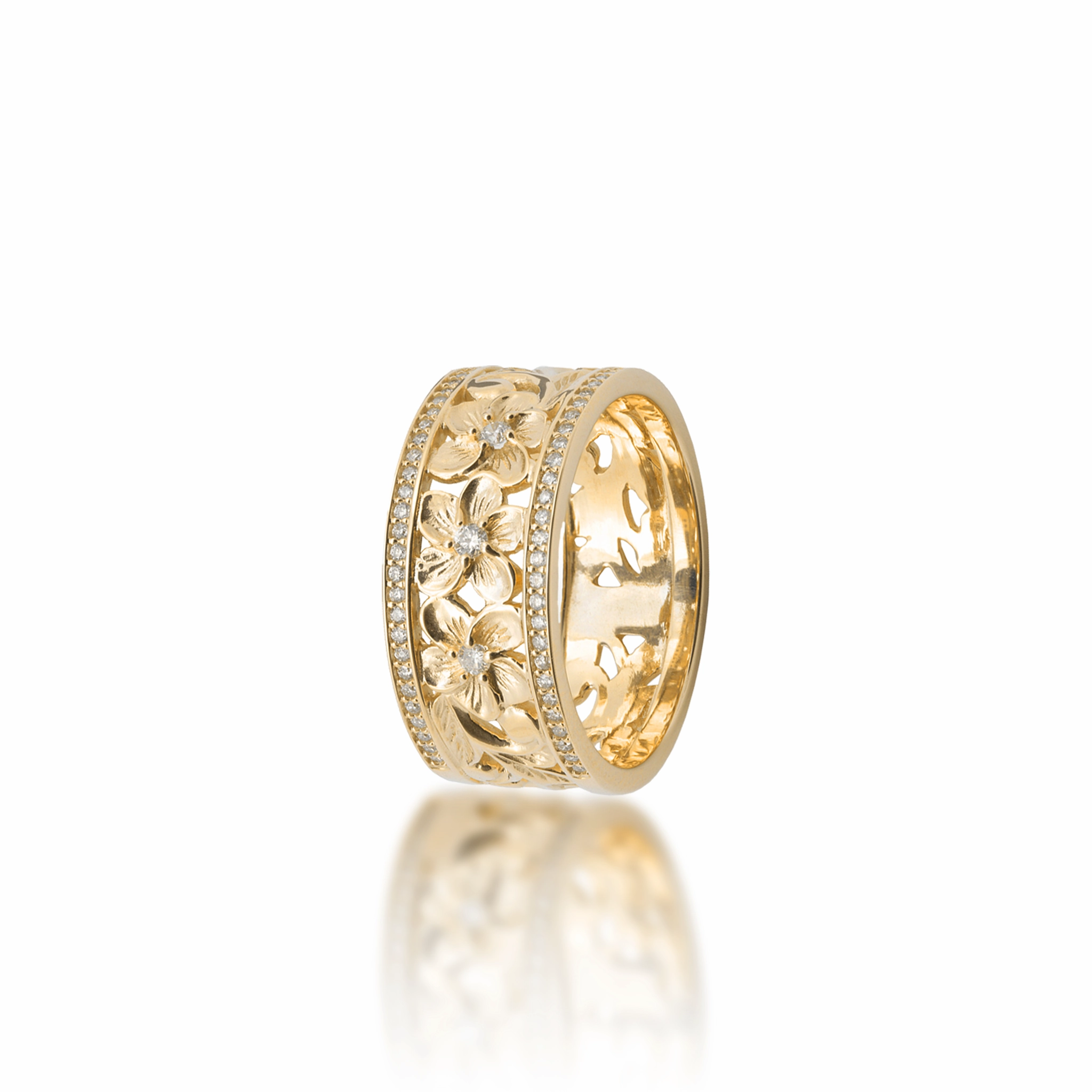 Hawaiian Heirloom Plumeria Ring in Gold with Diamonds -10mm Minimal Highlight Fresh Sparkle