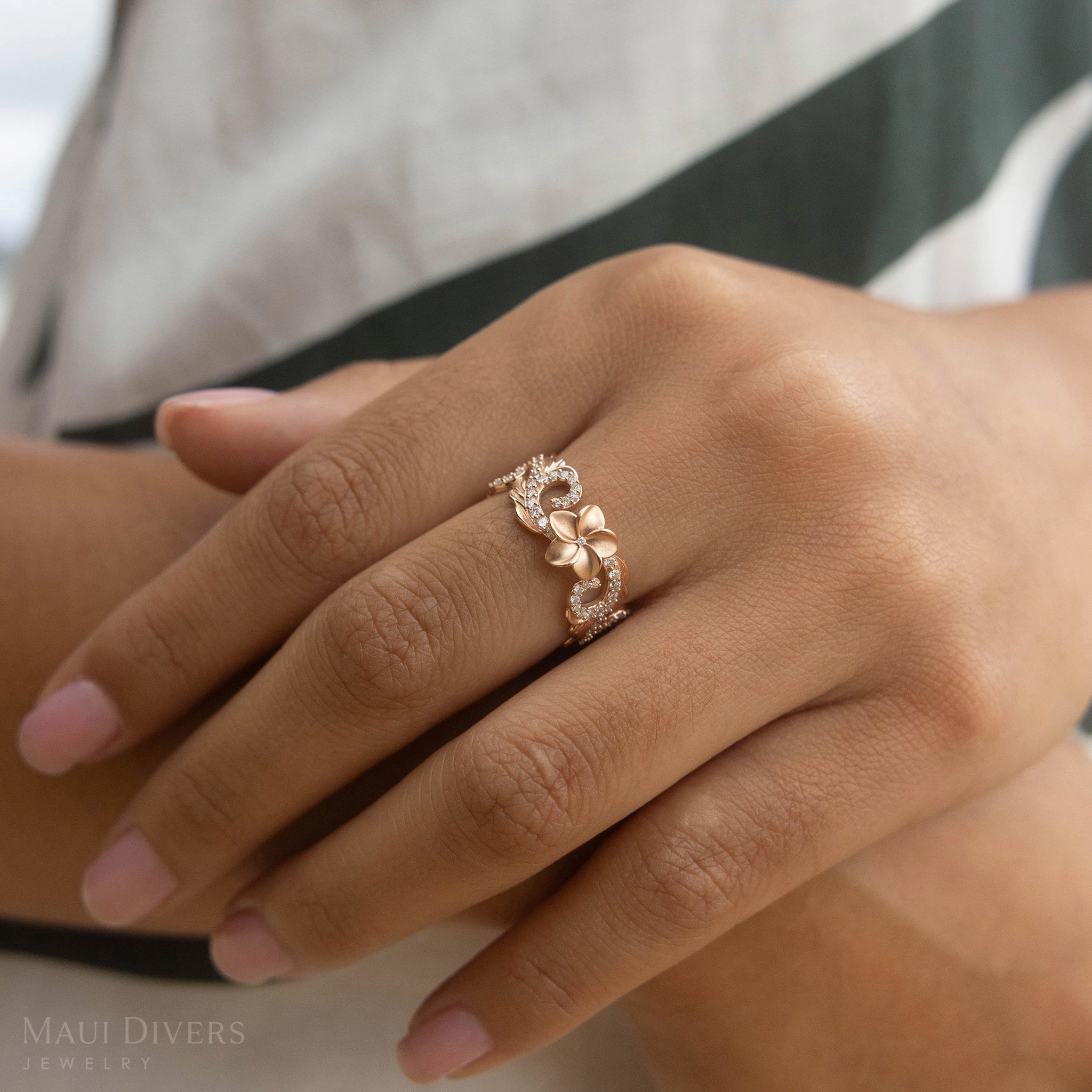 Hawaiian Heirloom Plumeria Ring in Rose Gold with Diamonds - 8mm Classic Beauty