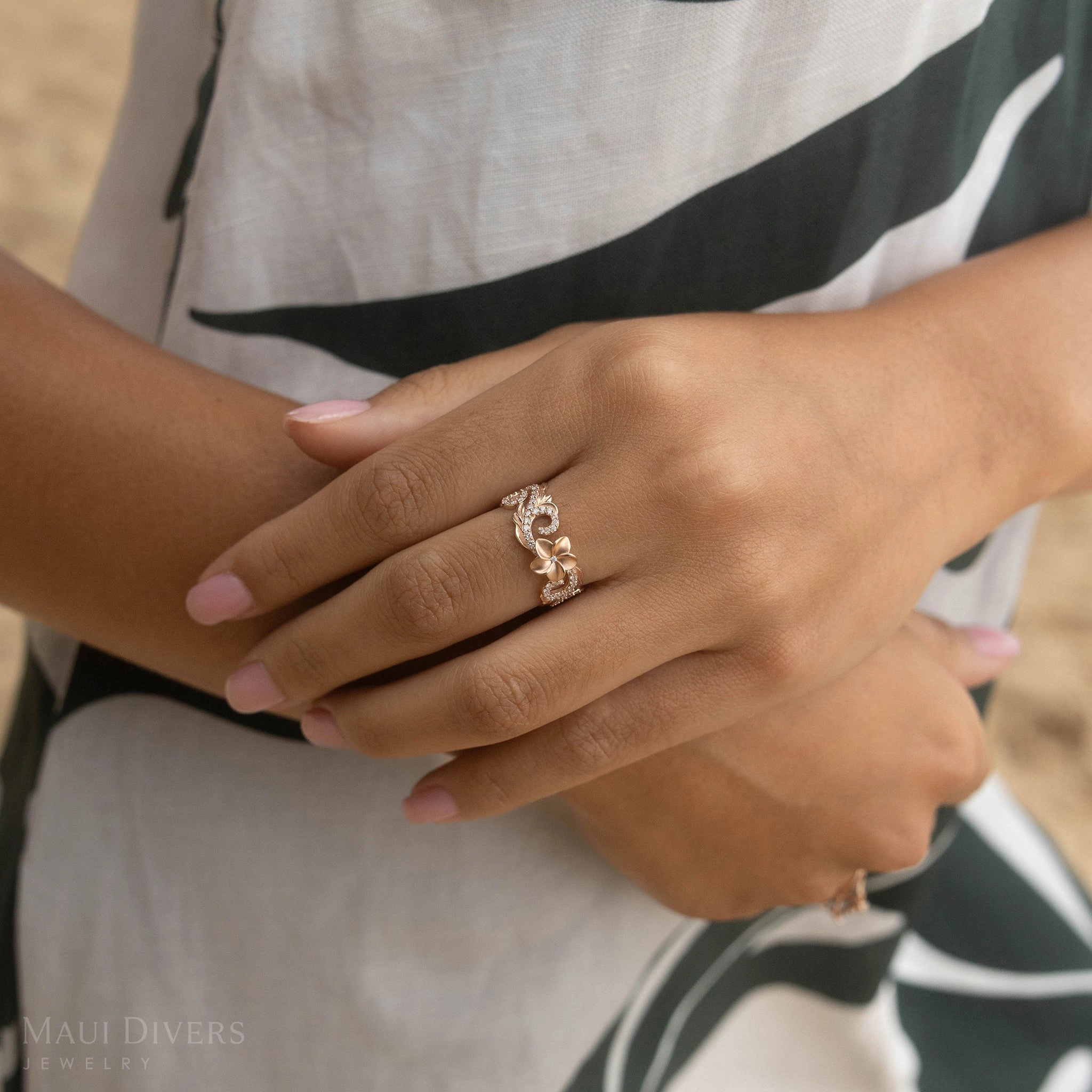 Charming Pieces Hawaiian Heirloom Plumeria Ring in Rose Gold with Diamonds - 8mm