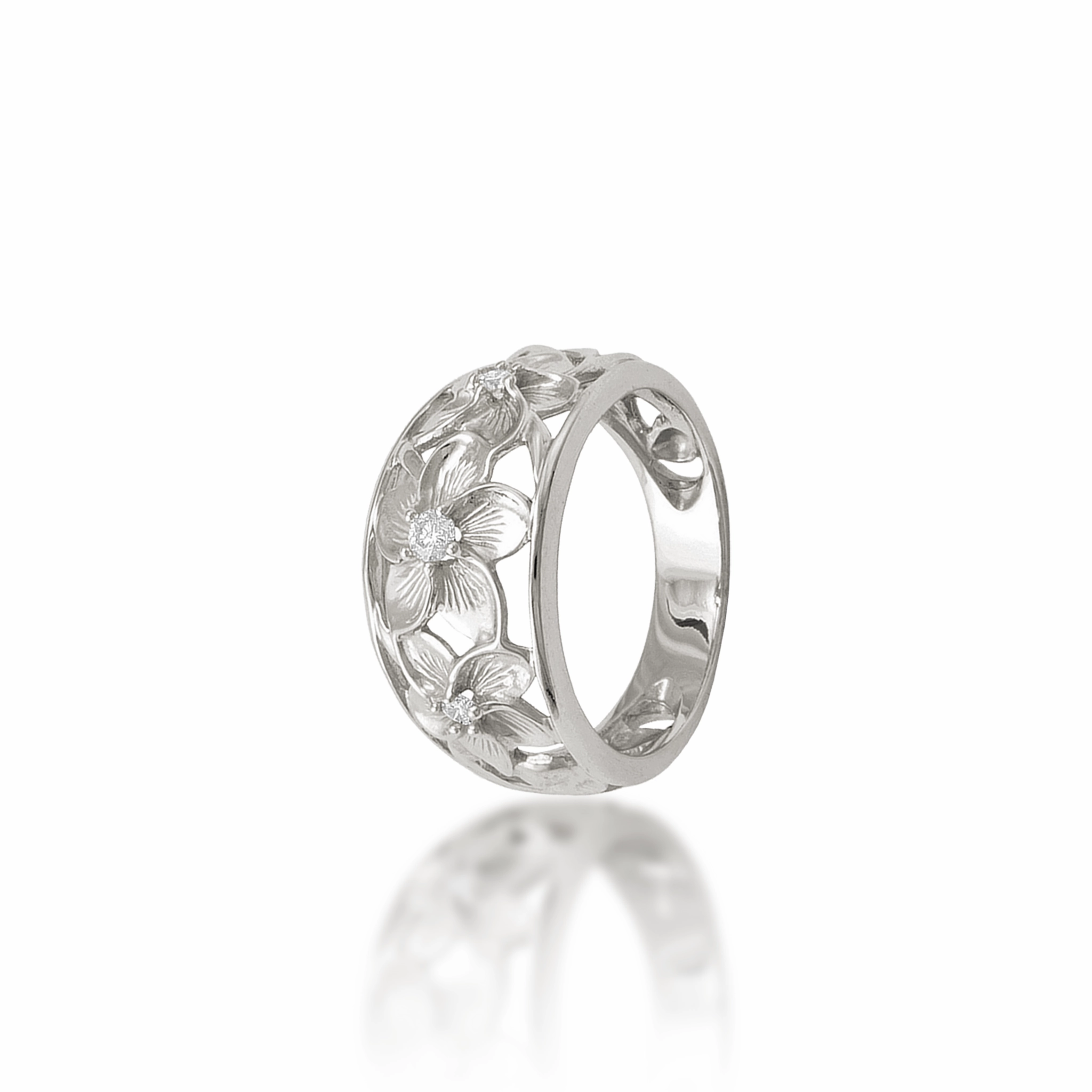 Hawaiian Heirloom Plumeria Ring in White Gold with Diamonds - 11mm Fashionable Edge Simple Elegance