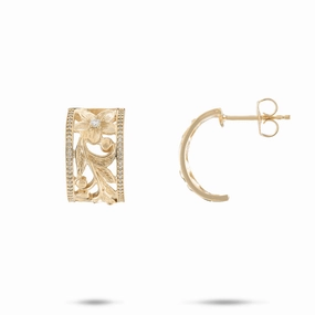 Hawaiian Heirloom Plumeria Scroll Earrings in Gold - 10mm Casual Outfit
