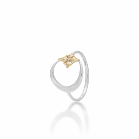 Hawaiian Quilted Star and Moon Ring in Two Tone Gold with Diamond - 13mm Grace Note Night Accent
