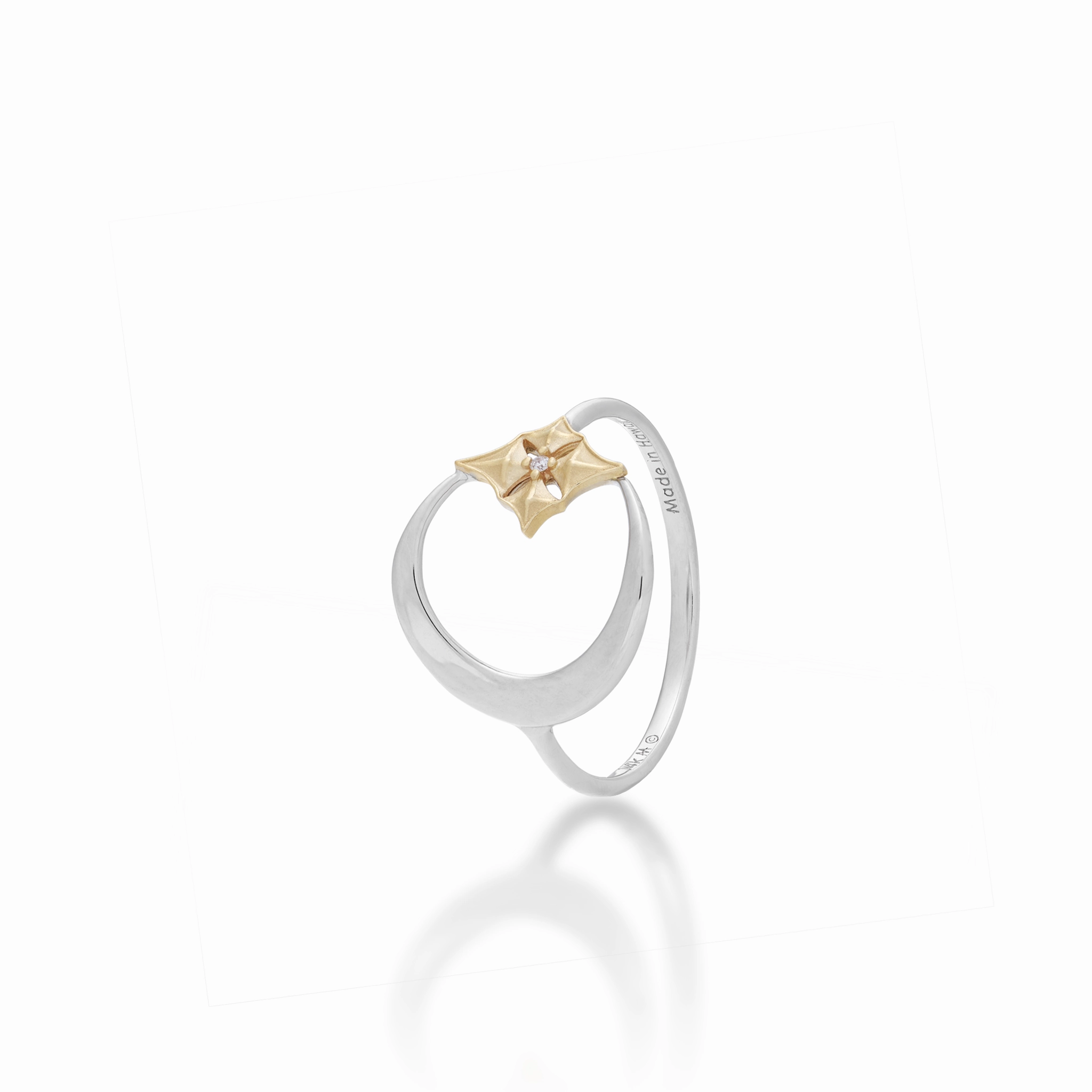 Hawaiian Quilted Star and Moon Ring in Two Tone Gold with Diamond - 13mm Breezy Style Graceful Layer