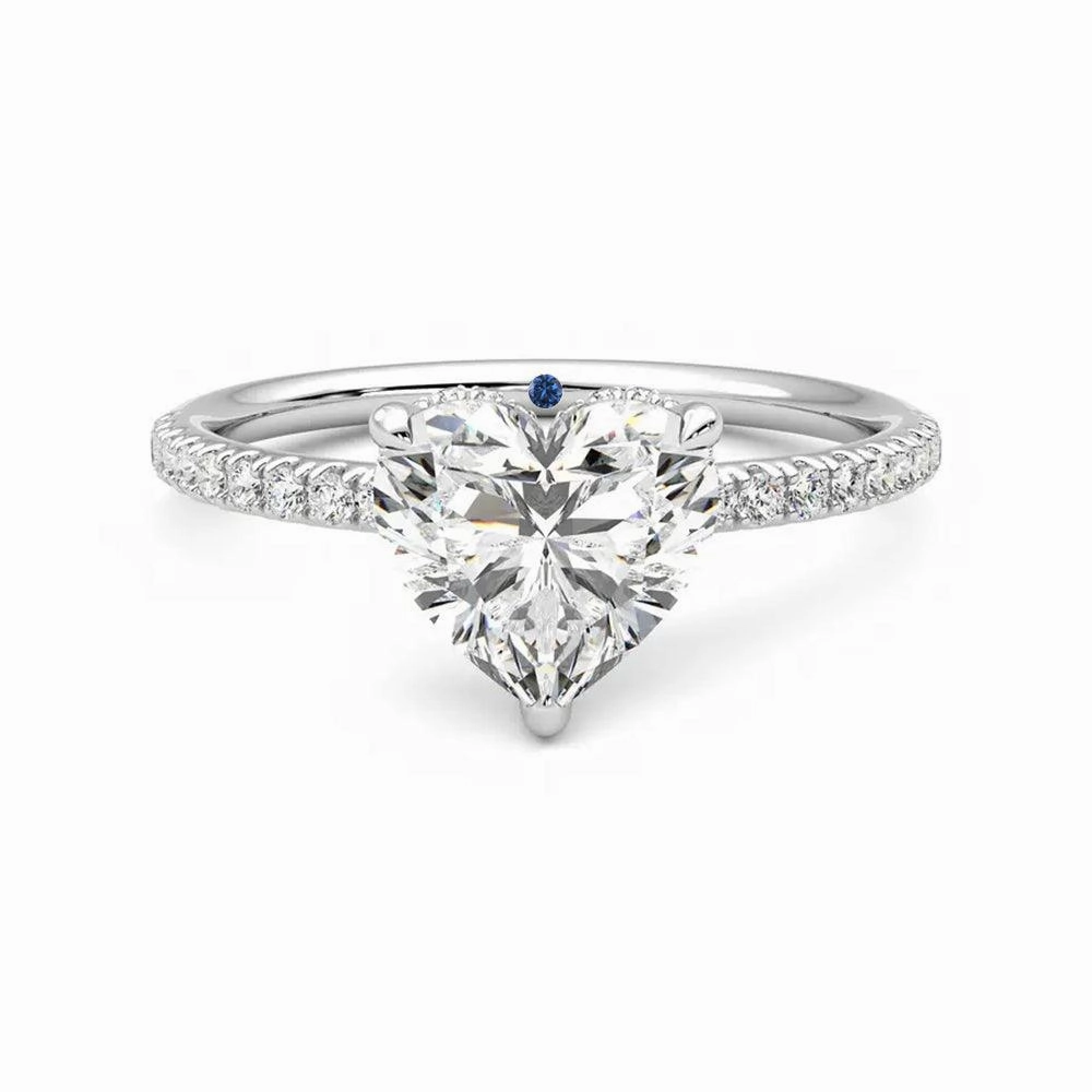 Textured Finish Party essential Heart Shaped Moissanite Engagement Ring with Hidden Halo and Anniversary Stone Accent