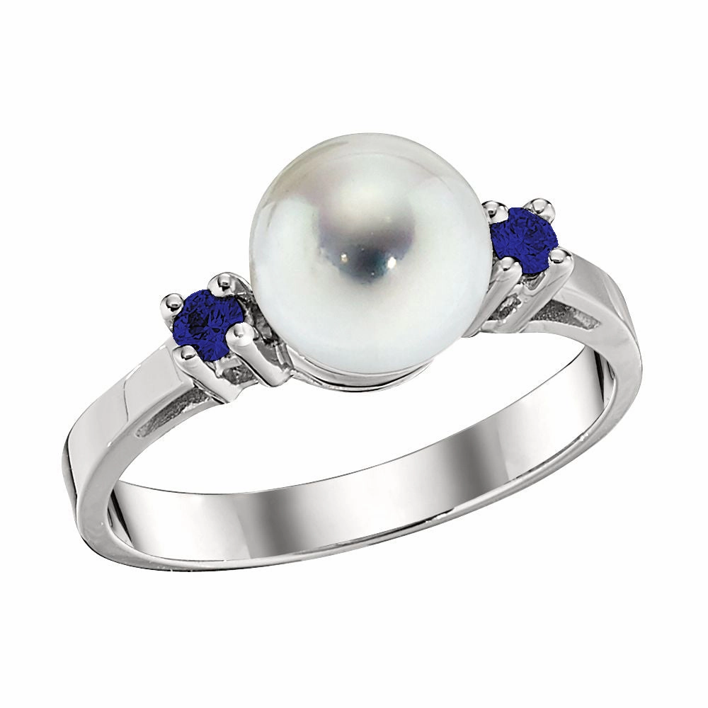 14K White Gold Pearl and Blue Sapphire Ring Evening Feature Luxury Impression