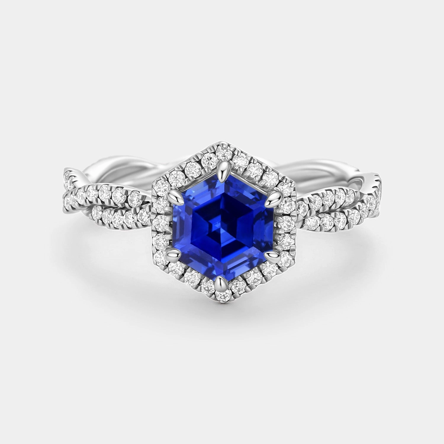 Classic Fashion Finishing Accent Hexagon Cut Lab Sapphire Twist Halo Ring - Elyx