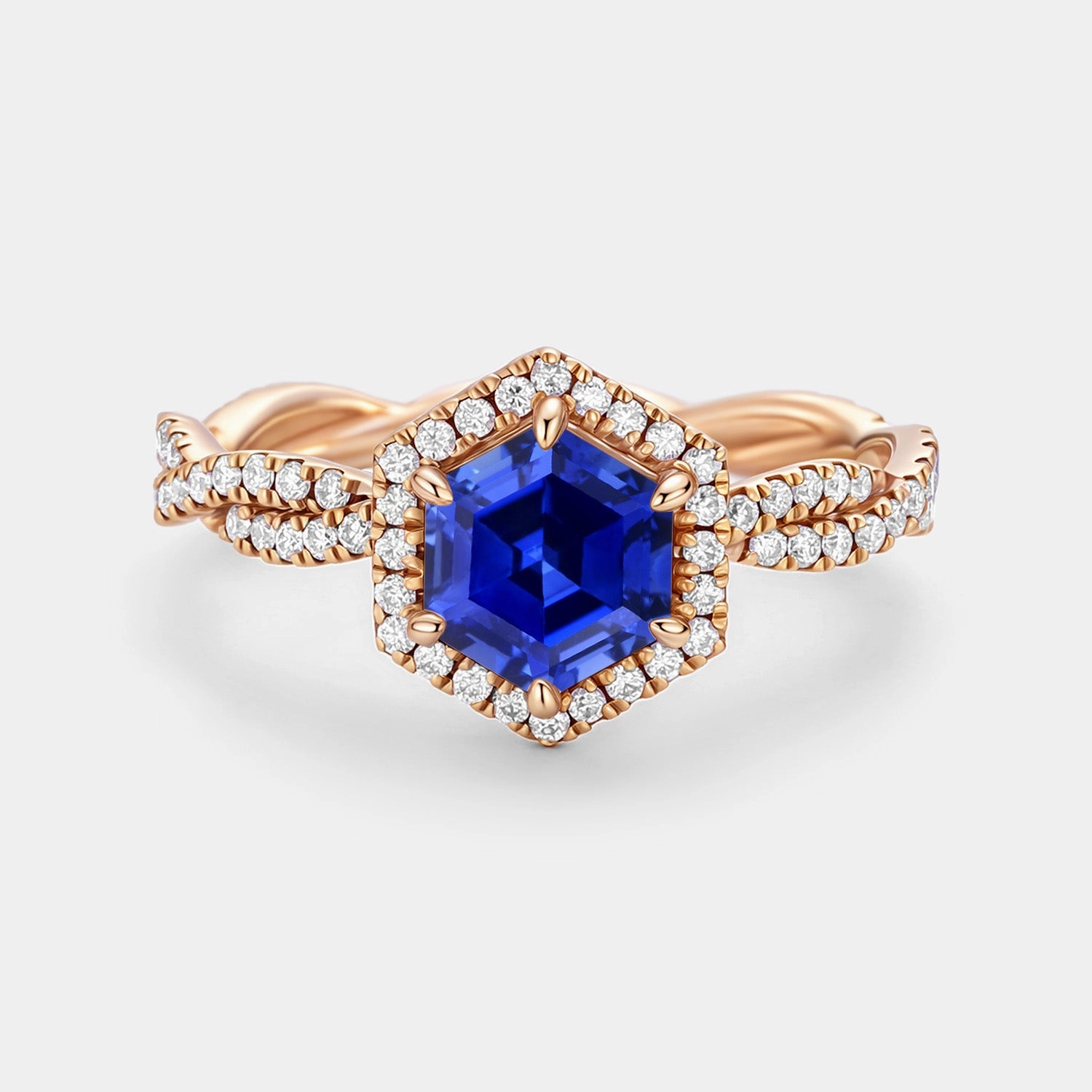 Shiny Jewels Effortless Elegance Hexagon Cut Lab Sapphire Twist Halo Ring - Elyx